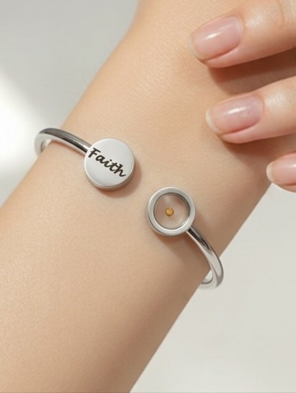 Faith Mustard Seed Silver Cuff Bracelet Christian Inspirational Stainless Steel